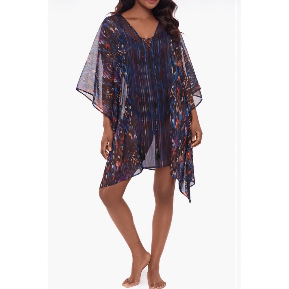 Miraclesuit Tapiz Metallic Chiffon Caftan Swim Cover-Up Black Multi 6566302 OS